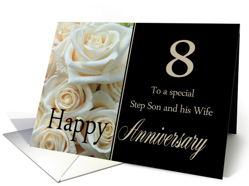 8th Anniversary, Step Son & Wife - Pale pink roses card (1284224)