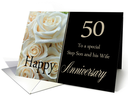 50th Anniversary, Step Son & Wife - Pale pink roses card (1284266)