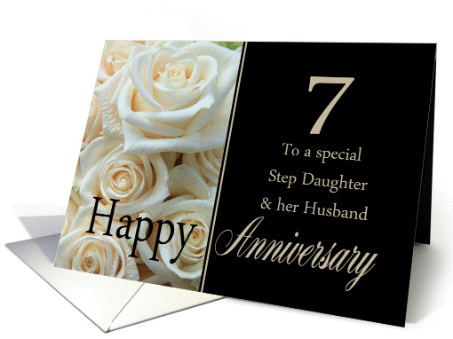 7th Anniversary, Step Daughter & Husband - Pale pink roses card