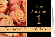 1st Anniversary, Aunt & Uncle multicolored pink roses card