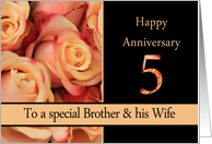 5th Anniversary, Brother & Wife multicolored pink roses card