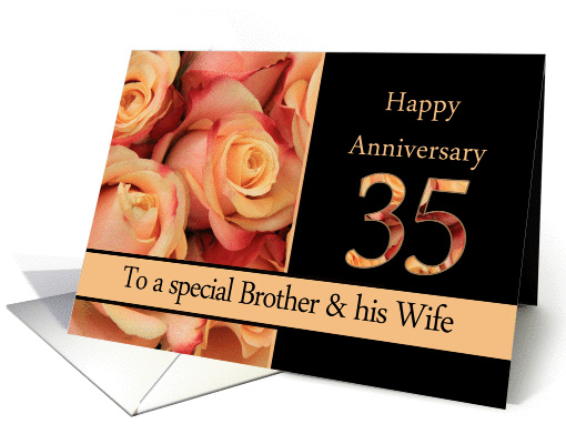 35th Anniversary, Brother & Wife multicolored pink roses card