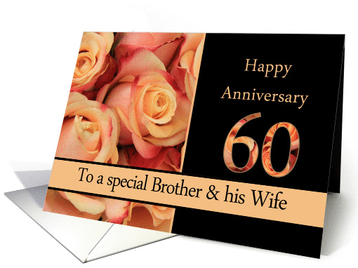 60th Anniversary, Brother & Wife multicolored pink roses card