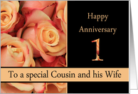 1st Anniversary to Cousin & Wife - multicolored pink roses card