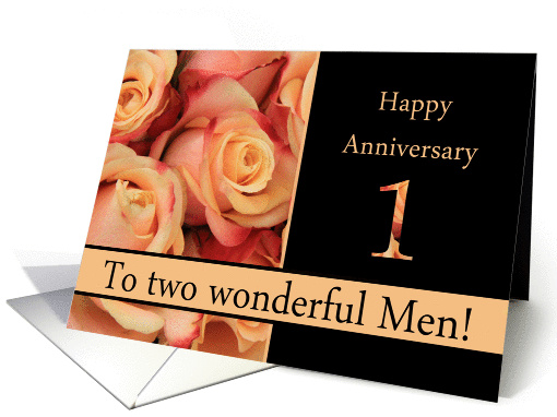 1st Anniversary to gay couple - multicolored pink roses card (1311456)