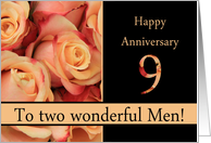 9th Anniversary to gay couple - multicolored pink roses card