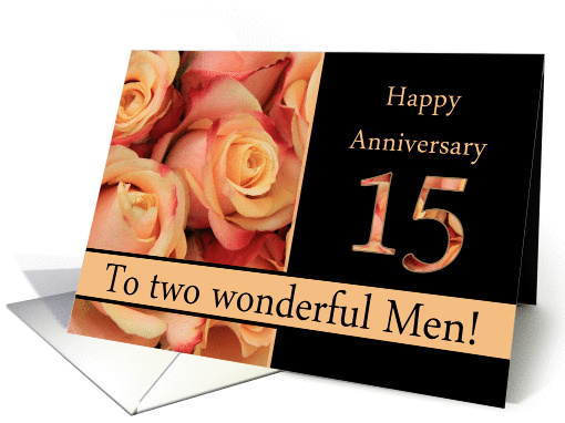 15th Anniversary to gay couple - multicolored pink roses card
