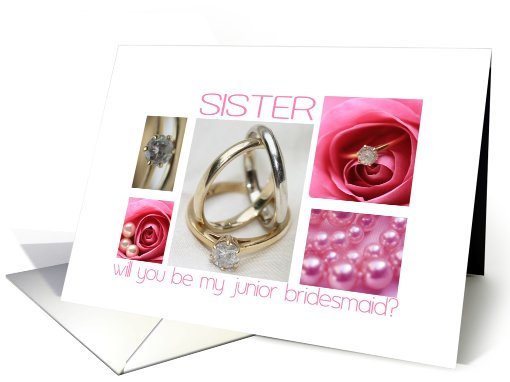 Sister will you be my junior bridesmaid pink wedding collage card