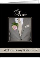 Son Will you be my bridesman request - grey suit card
