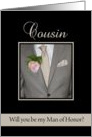 Cousin Will you be my man of honor request - grey suit card