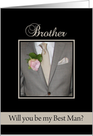 Brother Be my Best Man Grey Suit and Boutonnire card