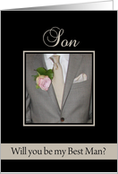 Son Be my Best Man Grey Suit and Boutonnire card