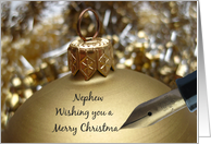 Nephew Christmas Message on Golden Christmas Bauble card