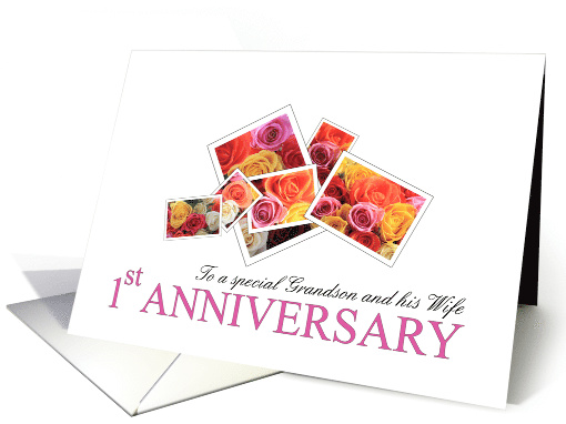 Grandson & Wife 1st Wedding Anniversary Rose Bouquet Retro card
