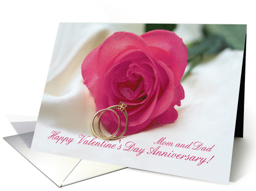 Mom and Dad Pink Rose and Ring Valentines Day Anniversary card