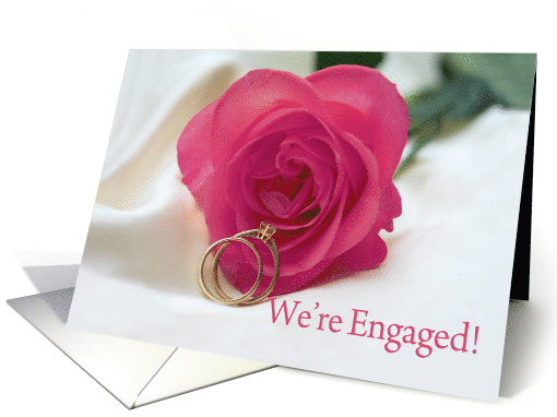 we're engaged - engagement announcement - pink rose and rings card