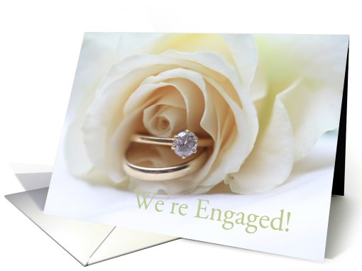 we're engaged - engagement announcement - white rose and ring card