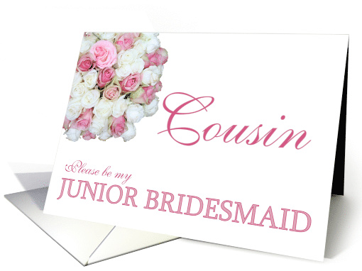 Cousin Be my Junior Bridesmaid Pink and White Bridal Bouquet card