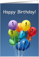 1st Birthday Colored Balloons in Blue Sky card