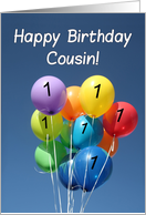 1st Birthday for Cousin Colored Balloons in Blue Sky card