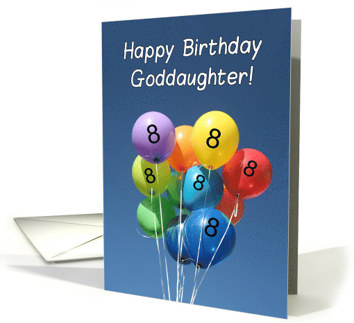 8th Birthday for Goddaughter Colored Balloons in Blue Sky card