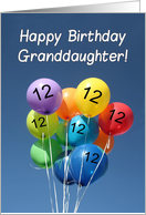 12th Birthday for Granddaughter Colored Balloons in Blue Sky card