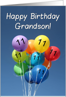 11th Birthday for Grandson Colored Balloons in Blue Sky card