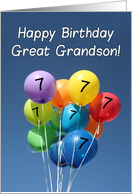 7th Birthday for Great Grandson, Colored Balloons in Blue Sky card