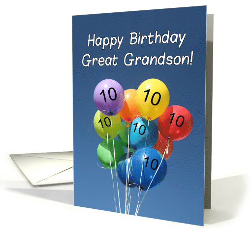 10th Birthday for Great Grandson, Colored Balloons in Blue Sky card