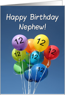 12th Birthday for Nephew, Colored Balloons in Blue Sky card