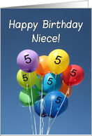 5th Birthday for Niece, Colored Balloons in Blue Sky card