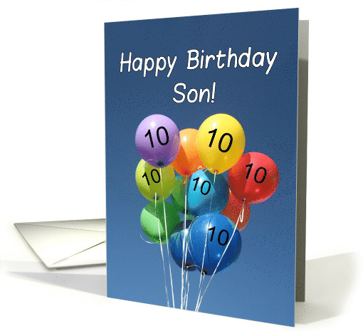 10th Birthday for Son, Colored Balloons in Blue Sky card (805723)