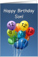 12th Birthday for Son, Colored Balloons in Blue Sky card