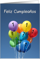 1st Spanish Birthday, Feliz Cumpleaos, Colored Balloons in Blue Sky. card