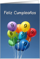 9th Spanish Birthday, Feliz Cumpleaos, Colored Balloons in Blue Sky. card