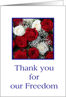 Thank you for our Freedom Memorial Day White and red rose bouquet card