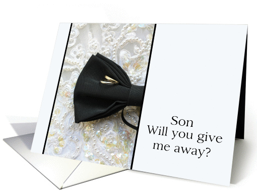 Son Give me away request Bow tie and rings on wedding dress card
