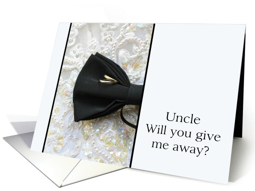 Uncle Give me away request Bow tie and rings on wedding dress card