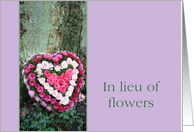 In Lieu of flowers - Pink heart rose bouquet near tree card