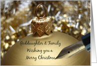 goddaughter & Family christmas greeting - fountain pen writing christmas message on golden ornament card