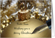 Iowa State specific christmas card - fountain pen writing christmas message on golden ornament card