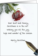 written christmas letter on snow rose paper with fountain pen to aunt & family card