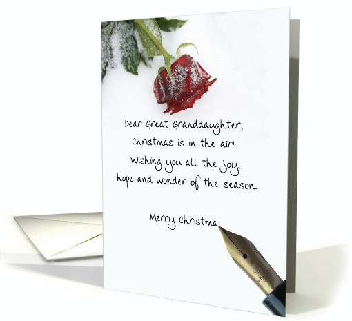 christmas letter on snow rose paper to Great Granddaughter card