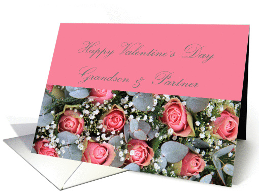 Grandson & Partner Happy Valentine's Day Eucalyptus/pink roses card