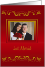Wedding Announcement Photo Card on deep red with golden frame card