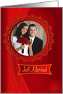 Wedding Announcement Photo Card on deep red with circular frame card