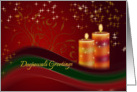 Diwali Greetings with Two Colorful Candles on dark red card