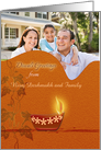 Photo Diwali Greetings with decorative oil lamp on brown orange card