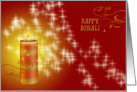 Diwali Greetings with golden candle on red-yellow festive backgroud card