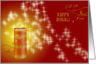 Diwali Greetings with golden candle on red-yellow festive backgroud card